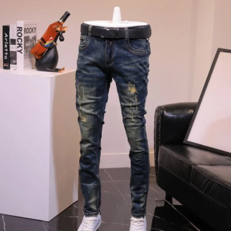 Ripped Jeans Trousers Torn Stretch Holes Male Cowboy Slim Fit Tight Pipe Broken Elastic Skinny Summer Denim