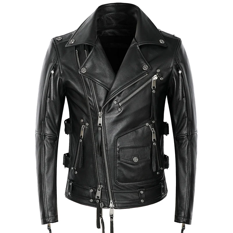 

2024 Black American Motorcycle Style Leather Jacket Men Natural Genuine Cowhide Slim Fit Biker's oblique zipper Coat S~5XL