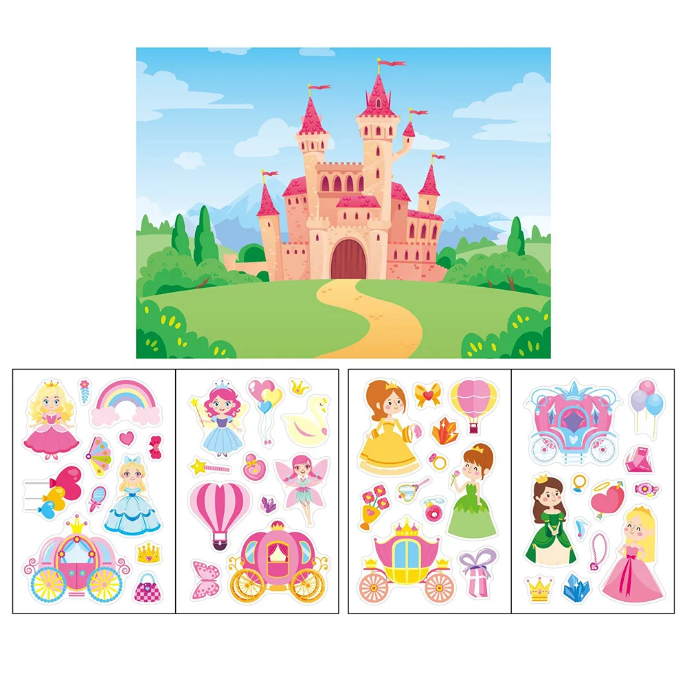 스티커 활동북 테마로 자신만의 재미있는 농장, 성, 동물원, 귀여운 동물, 공주, 유니콘, 자동차를 만들어 보세요. 여행, 생일을 위한 스티커입니다.