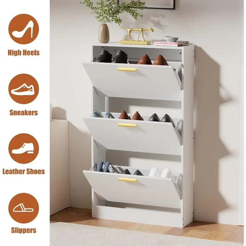 Shoe Cabinet Storage with 3 Flip Drawers for Entryway, White Slim Freestanding Modern Narrow Shoe Organizer Rack 3