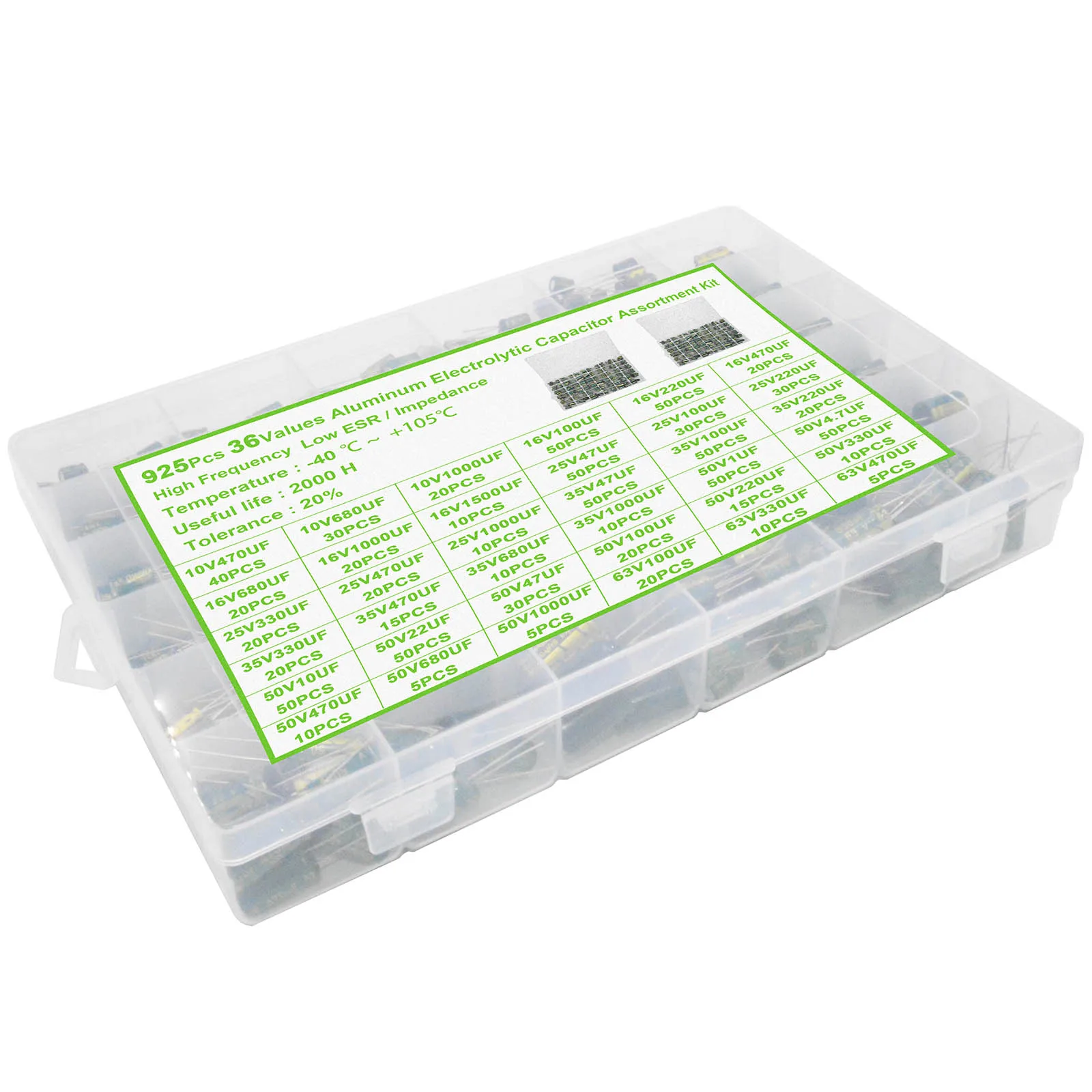 925Pcs 36Values Aluminum Electrolytic Capacitor Assortment Kit Low ESR 1uF 4.7uF 10uF 22uF 47uF 100uF 220uF 330uF 470uF 10V-63V electrolytic capacitor aluminum electrolytic capacitor
