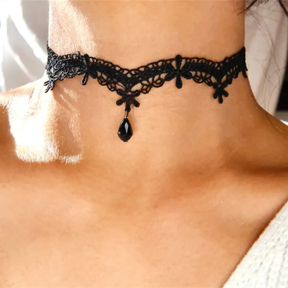 Vintage Fashion Black Lace Heart-Shape Artificial Pearl Pendant Necklace Female Women Sexy Simple Choker Ladies Party Jewelry - Image 3