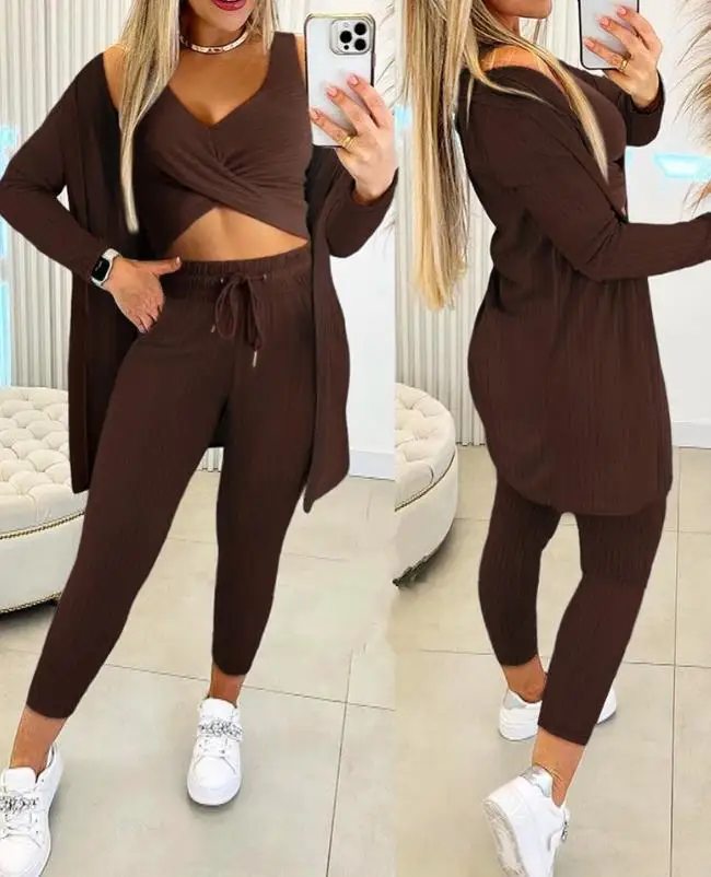 

3PCS Ribbed Criss Cross Crop Top & Drawstring Pants Set with Coat for Women Autumn Casual Ruched Outfits Women's Casual Clothing