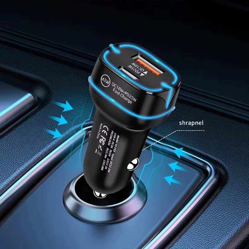 43W 차량용 충전기 USB C 듀얼 포트 고속 충전 자동 어댑터 PD 25W QC 18W LED 라이트 기능 탑재 다양한 휴대폰 호환
