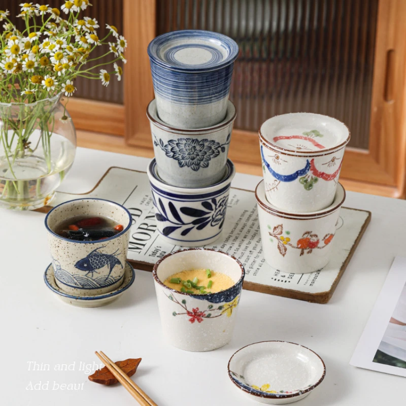 

Ceramic Crock Pot Oven Dessert Bowl Japanese Retro Tea Cup with Lid Kung Fu Teacup Dim Sum Saucer Home Kitchen Single Tableware