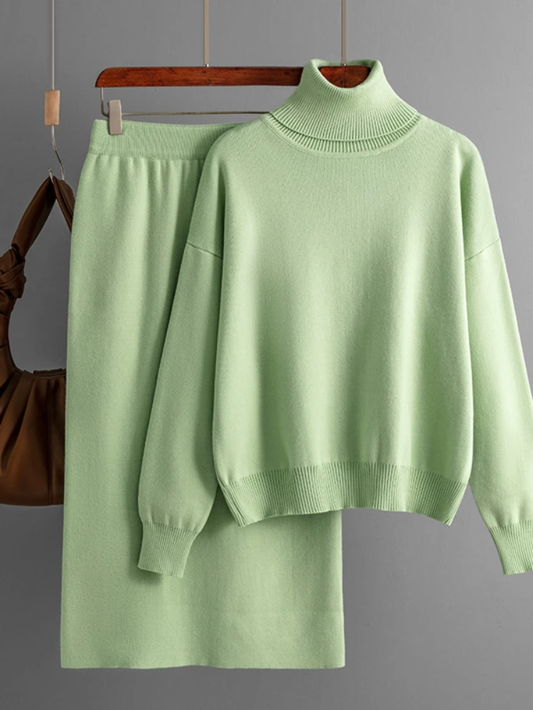 

Casual Top and Skirt Set Korean Style Turtleneck Long Sleeved Sweater High Waist Midi Hip Wrap Skirt Knit Two Piece Set