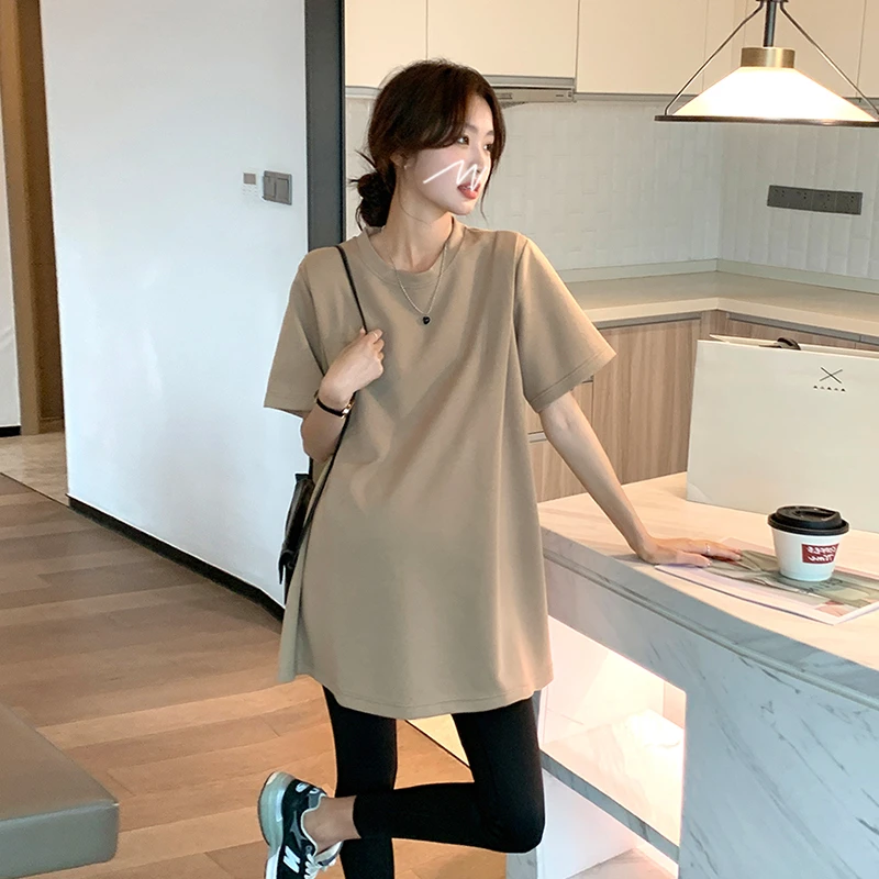여름 새로운 한국 스타일 출산 티셔츠 루즈한 반팔 순면 출산복 미디 길이 시원한 느낌 얇은 모델