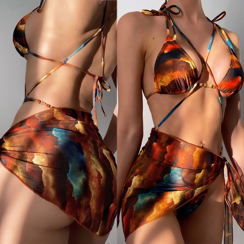 

Printed 3-Piece Knotted Swimming Suit Push Up Wrap Beachwear Gather Set