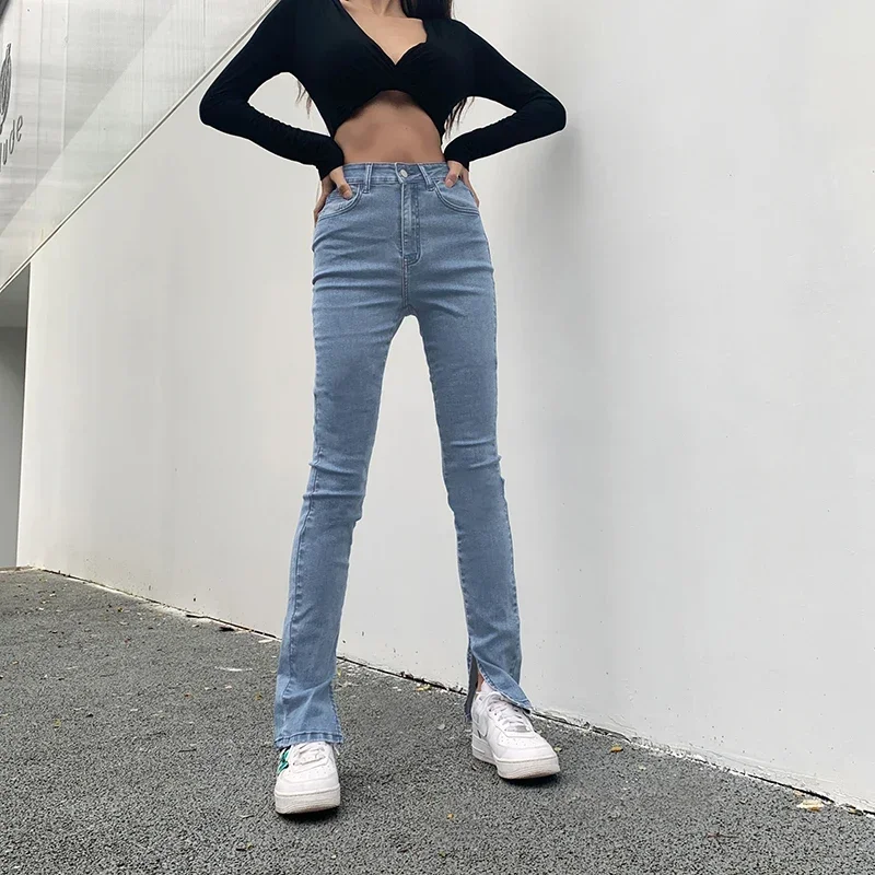 women pencil pants skinny jeans plus size femme mom denim jeans high waist 2022 spring summer thin trousers am4062 Spring and Autumn Chic High Waist Blue Denim Pants Small Split Slim Thin Flared Jeans Casual Pencil Tight Skinny Trousers