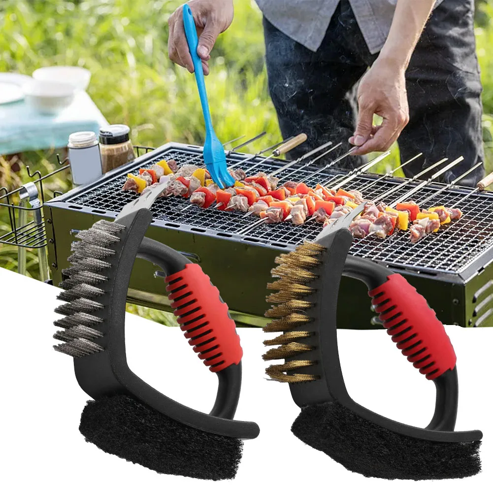 3in1BBQGrillBrushScraperSteelBrushBarbecueCleaningBrushToolPadScraperCopper