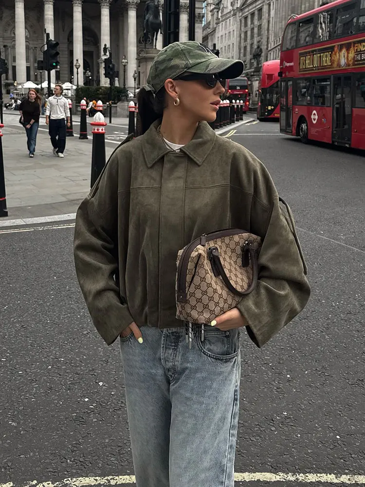 HH Women Fashion Vintage Solid Suede Coat Lapel Zipper Long Sleeve Bomber Jacket Spring Female Casual Loose Oversize Outerwear