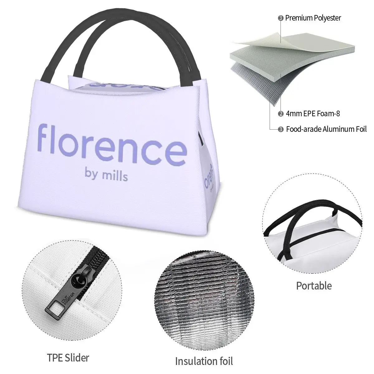 Florence By Mills Millie Bobby Brown 여성용 절연 도시락 가방 보관 식품 상자 컨테이너 쿨러 열 도시락 토트백
