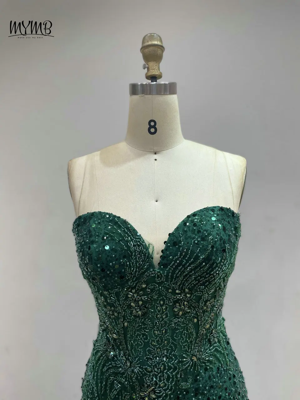 MYMB Grünes trägerloses Meerjungfrau-Abendkleid für Hochzeit, Party, arabisches funkelndes Pailletten-Abschlussballkleid mit Ballon-Tüllärmeln GJE007 – Detail 5