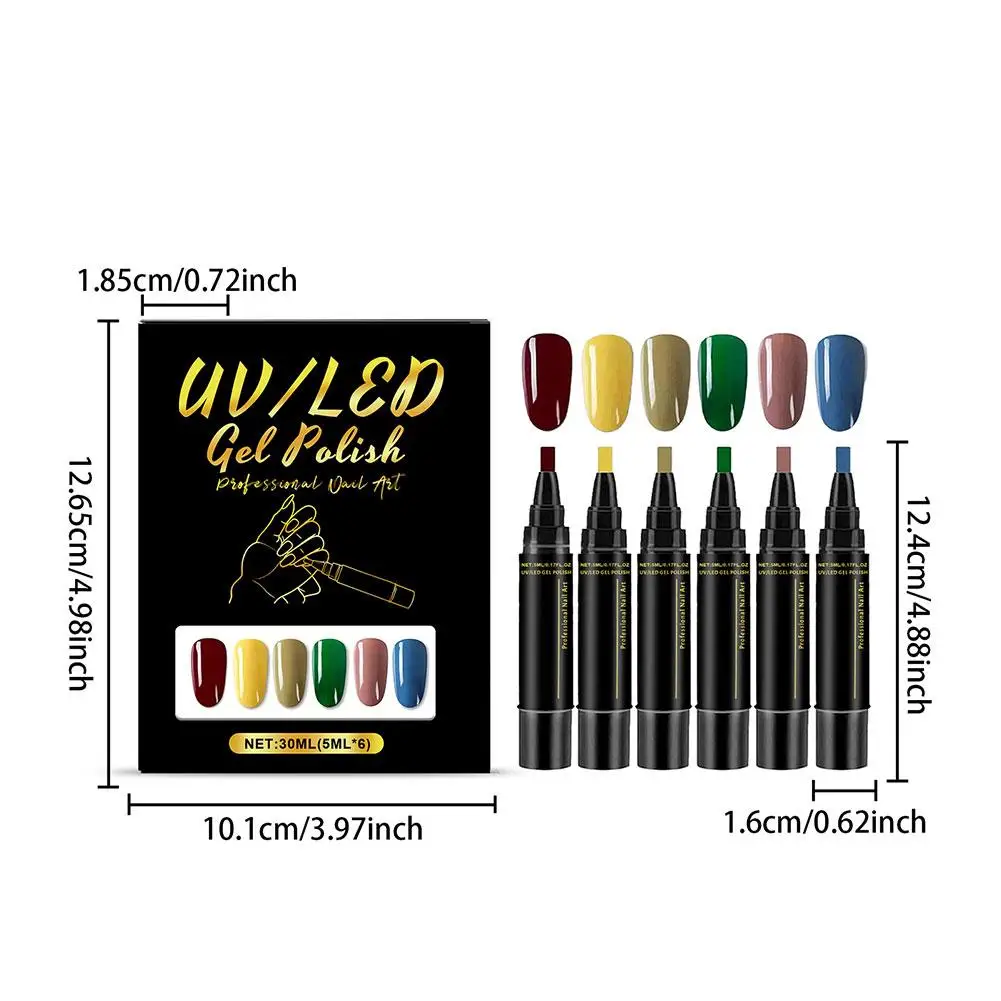 6PCS 멀티 컬러 3-in-1 젤 네일 펜 5ml 빠른 건조 비-UV DIY 네일 아트 디자인 매니큐어 페인팅 브러쉬 도구 세트