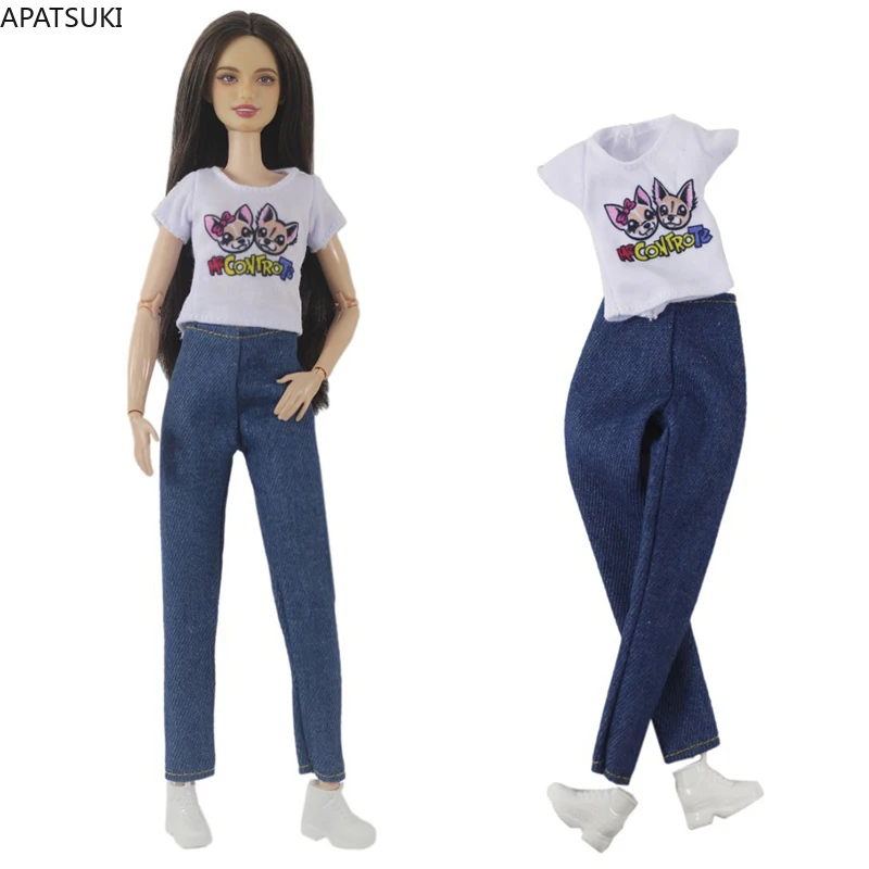 White Kitty Cat Clothes Set Per Barbie Doll Outfits Fashion Cartoon Alphabet T-Shirt Scarpe In Denim 1/6 Accessori Per Casa Delle Bambole Giocattoli