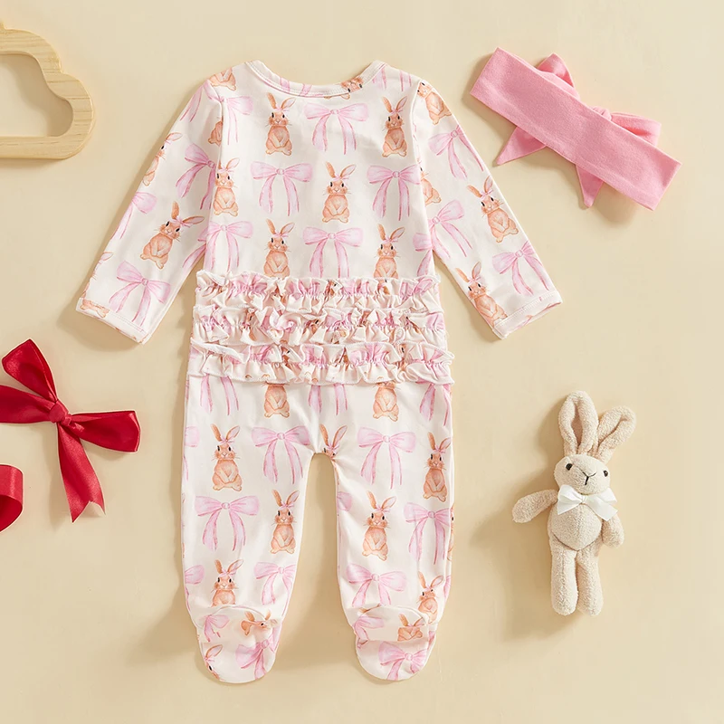 Baby Girls Easter Footie Romper Rabbit Bow Print Ruffled Zip Up Long Sleeve Fall Jumpsuits Headband baby rompers baby jumpsuit cotton jumpsuit baby clothing