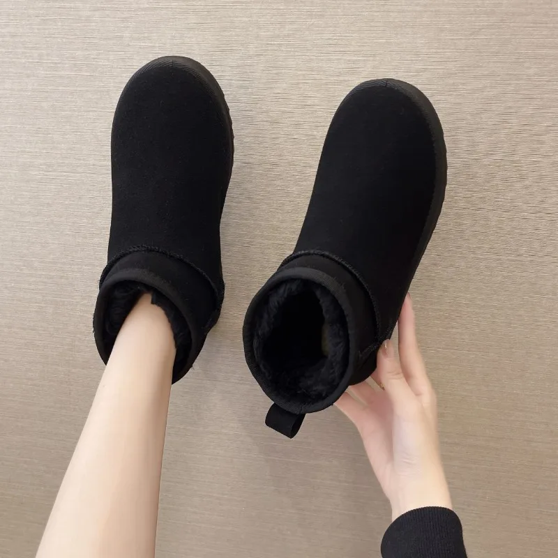 Ladies Shoes on Sale 2023 Slip on Women's Boots Winter Plush Warm Round Toe Solid Flock Comfortable Low-heeled Casual Snow Boots