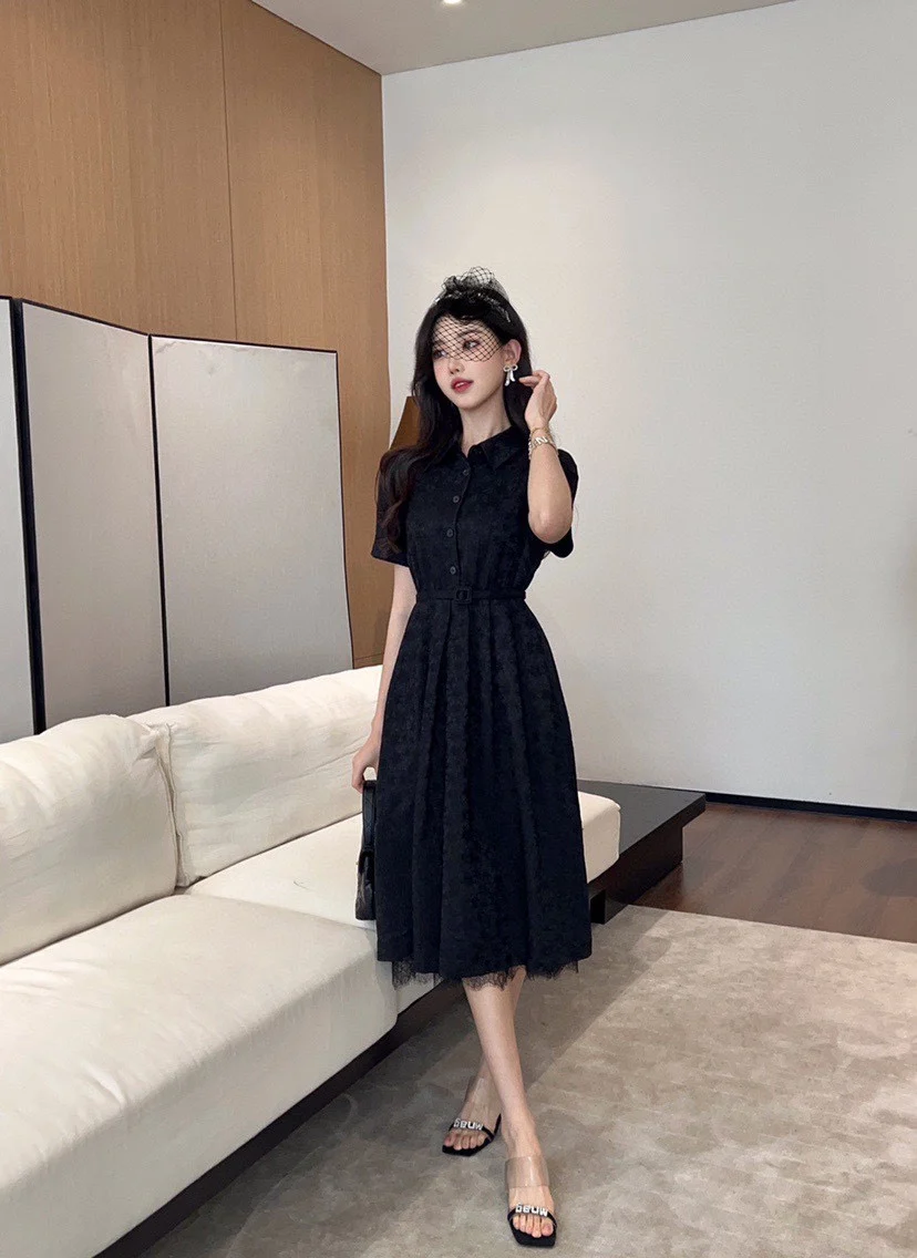 

New women's clothing for spring and summer 2023 Short Sleeve Jacquard Belt Slim Fit Lace Dress 0430