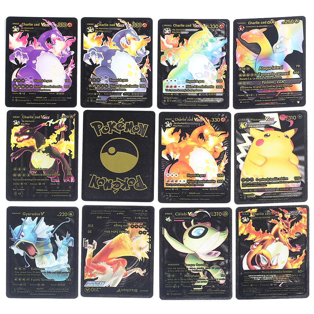 Acheter 5-55 pièces cartas pokemon francaise español cartes d'or espagnol  anglais feuille or argent cartes Metalicas Charizard Vmax Gx carte de jeu