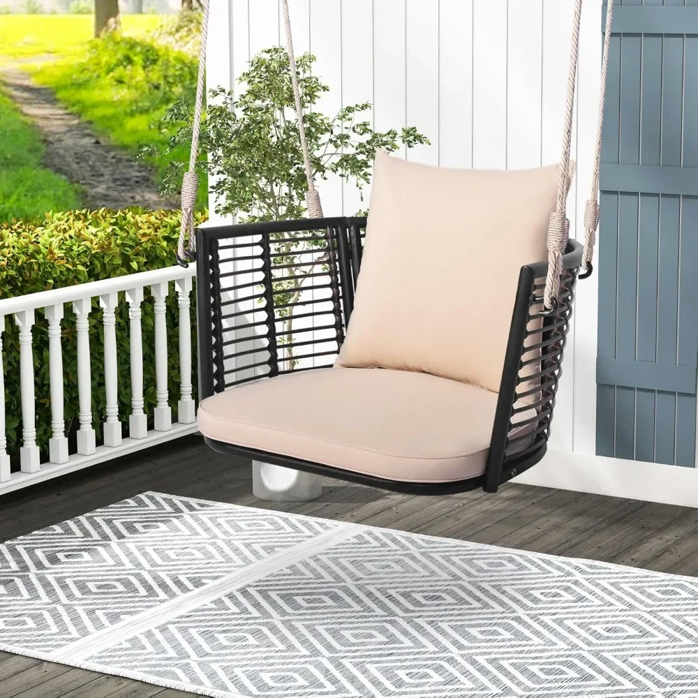 Outdoor Metal Porch Swing, Single Person Hanging Seat with/Woven Rattan Backrest, 2 Sturdy Hanging Ropes, Seat & Back Cushion 3