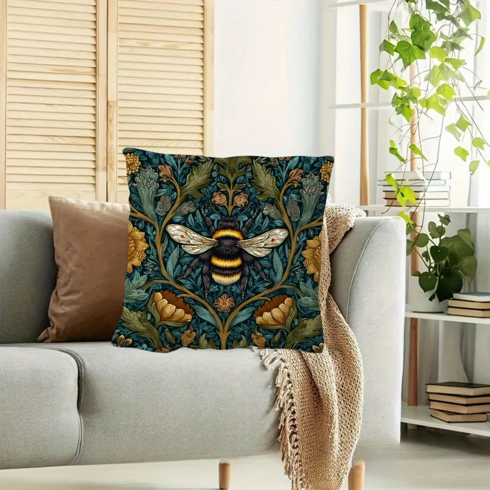 1-teiliger Kissenbezug im Vintage-Stil, Blumen- und Bienenmuster, universell einsetzbar für Wohnzimmer, Schlafzimmer und Büro, Reißverschluss – Detail 1