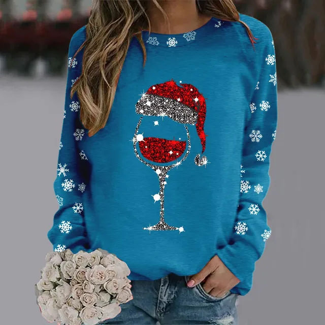 Merry Christmas Glass Snowflake Print Hoodies Round Neck Casual Loose Fit Pullover Tops Women Long Sleeve Autumn Sweatshirt 4