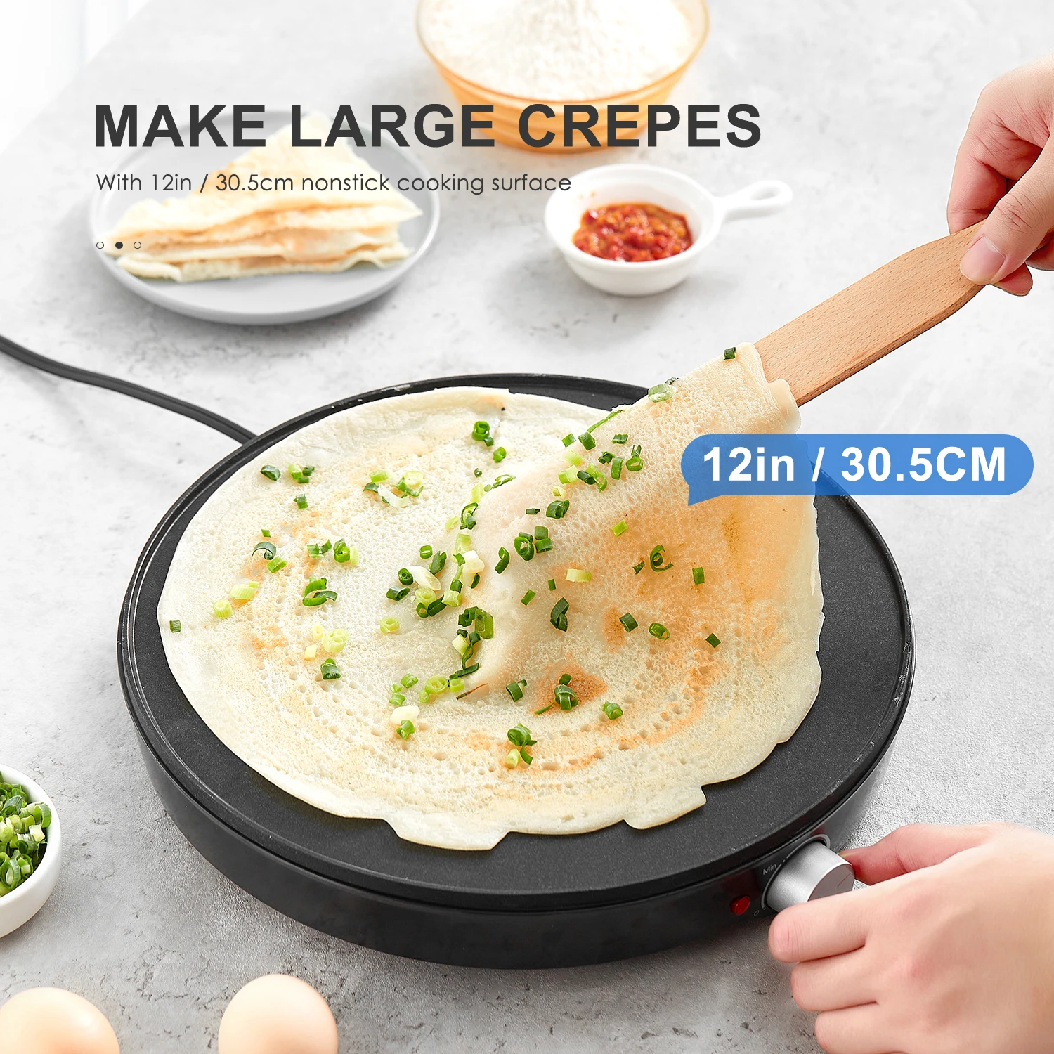 Crepe Maker Machine, Reemix Compact Pancake Griddle Precise Temperature Control, Nonstick 12” Electric Griddle, Batter Spreader 2