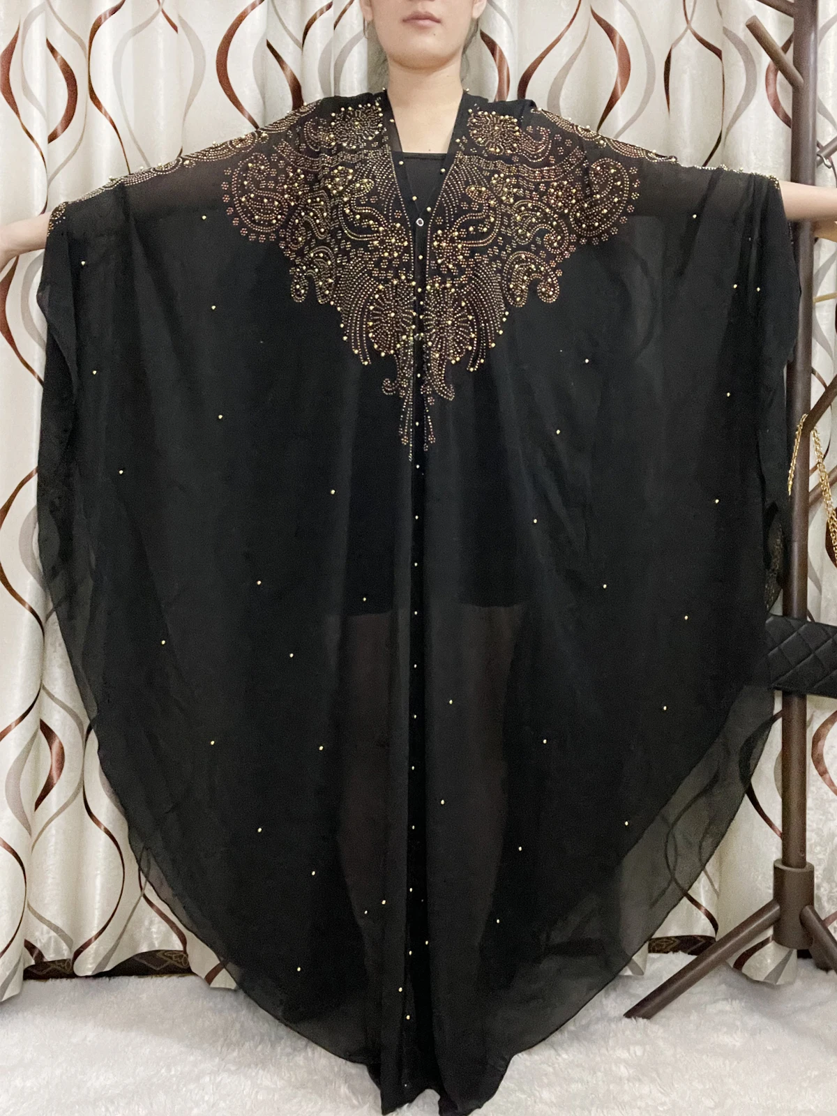 アバヤ-女性用シルクシフォンオープンセット,帽子付き,イスラム教徒の