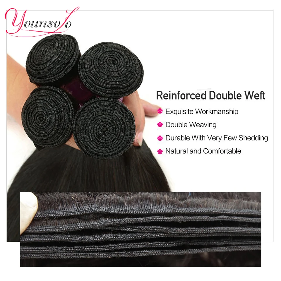 Younsolo Straight Weave Bundles Natural Black Indian Human Hair Bundles Straight Wave Hair Extensions 4PCS Human