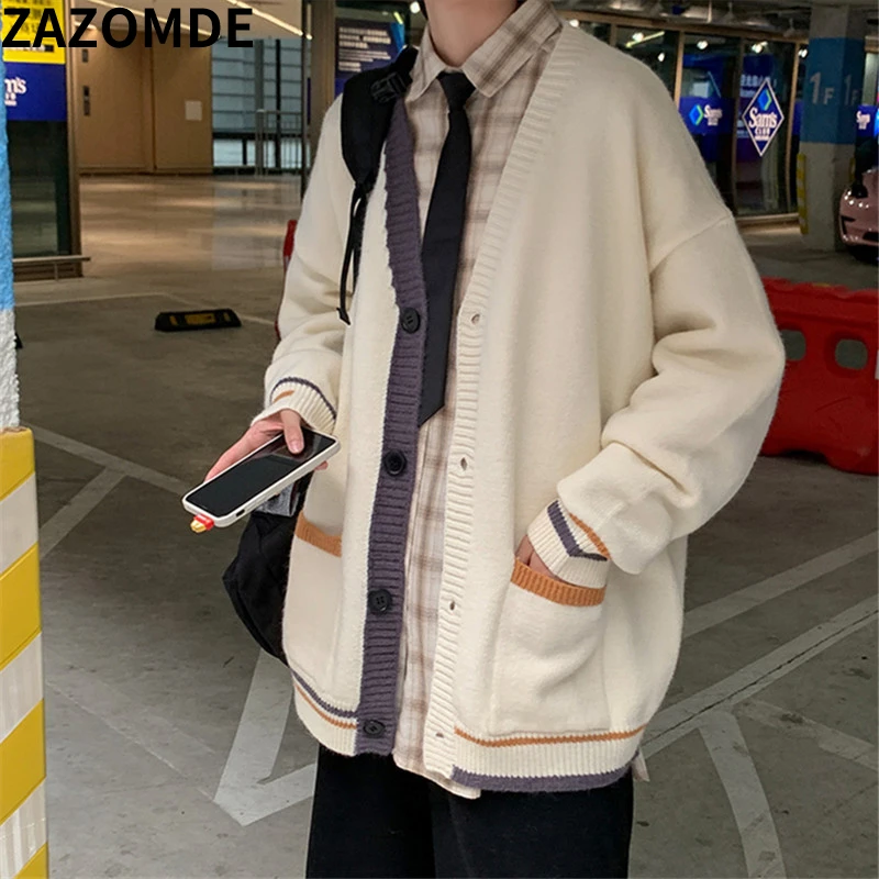 

ZAZOMDE 2022 Autumn Button Sweater Men Loose Top Korean Trend Knitted Sweater Unisex V-neck Knitting Jacket Couple Sweaters Men