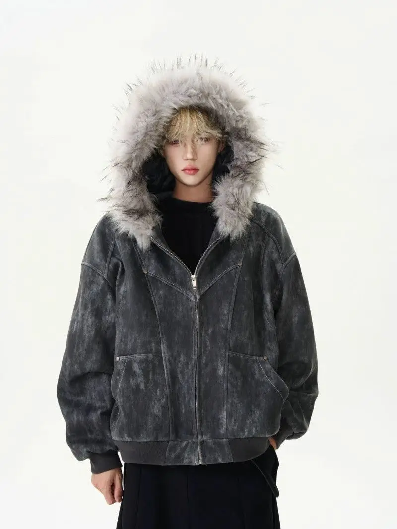 American Retro Jacket Faux Fur Hooded Longe Sleeve Women Casual Pure Color Vintage Sweatshirt Aesthetics Parkas Autumn Clothing
