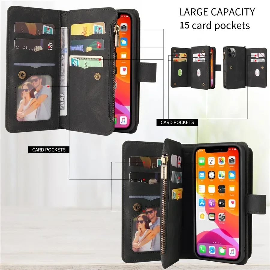 Leather Zipper Wallet Case with 15-Card Slots