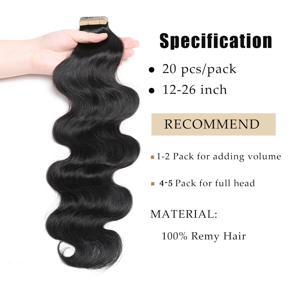 Extensiones de Cabello con cinta de onda corporal para mujer, Cabello 100% Remy, extremos de 12 