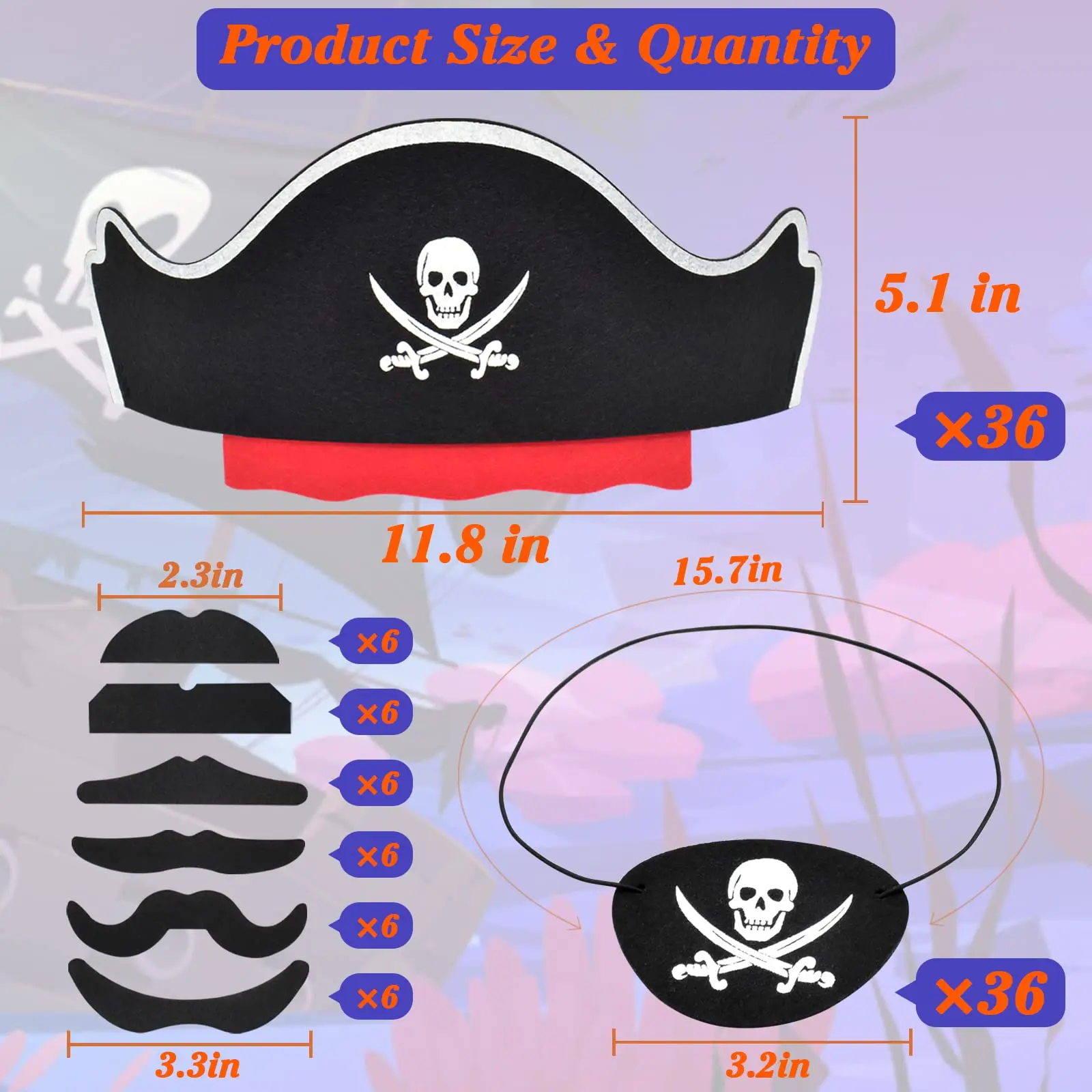 108pcs Pirate Hat Set for Kids Pirate Hats Fake Mustaches Eye Patches Party Favors for Halloween Masquerade Cosplay