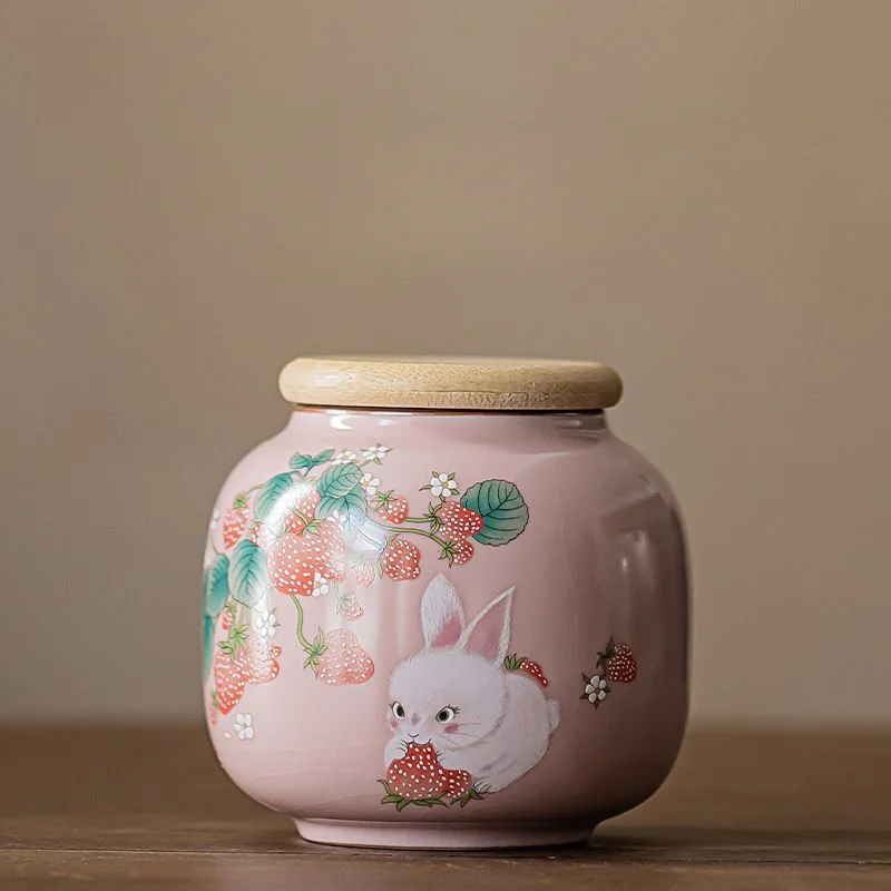 Creative Cute Strawberry Bunny Ceramic Storage Jar Portable Sealed Tea Jar Delicate Cartoon Bunny Storage Container Home Decor