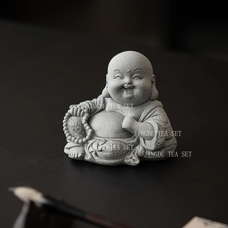 Cute Maitreya Buddha Ornament Home Green Sand Stone Tea Pet Desktop Bathtub Landscape Decoration Tea Ceremony Accessories