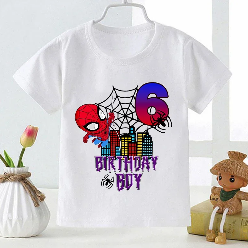 Spidermans Birthday Number T-shirt Boys Marvels Superhero Cartoon Tee Summer Short Sleeve T-shirts 1-9 Age White Tshirt Kid Gift 4