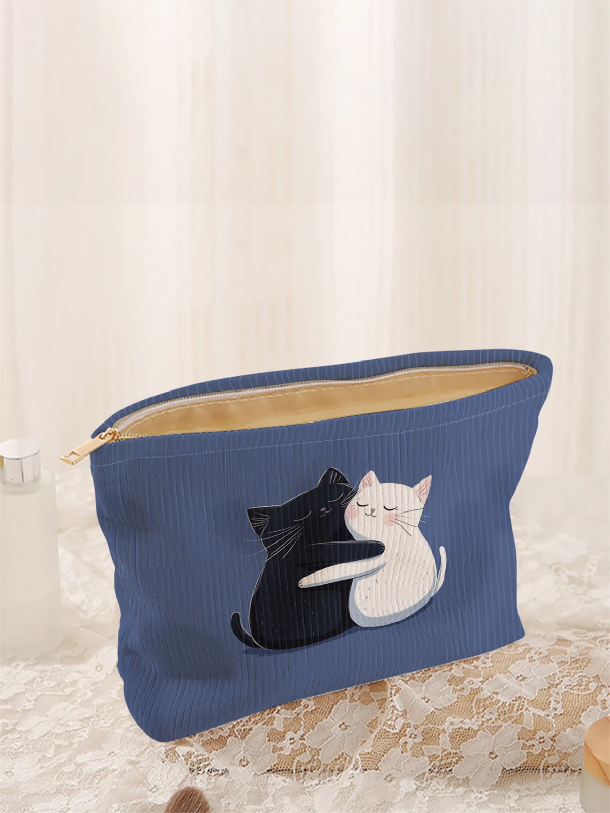 1 cute cat pattern printed corduroy makeup bag, lightweight zipper makeup storage box, multifunctional bag with lining