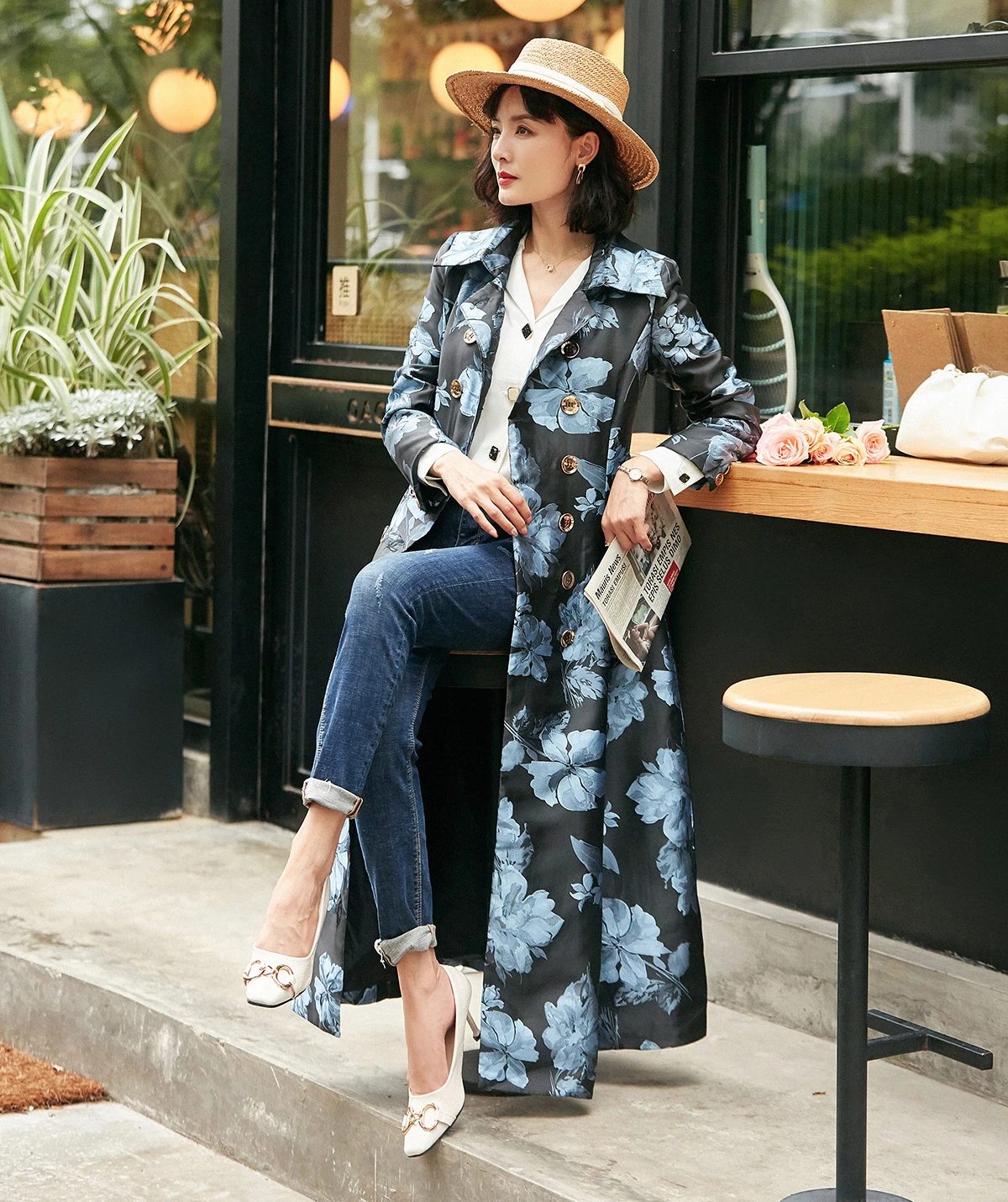 Chinese Style Trench Windbreaker Women Jacquard Coat Double