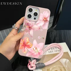 Luxury Pink Lily Lichee Pattern Shockproof Silicone Phone Lanyard Case - iPhone 15 Plus (FE - P0696 - PJ07)