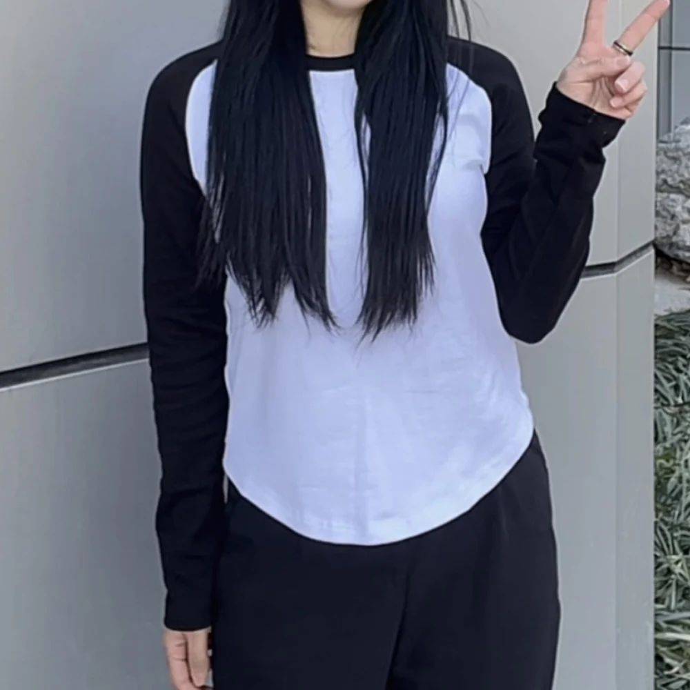 Women Round Collar Long Sleeve Patchwork Cropped Tshirt