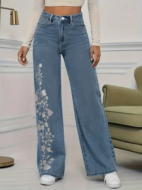 plus Size Women's Loose Straight Leg Jeans Elegant Side White Flower Draw Washed High Waist plus Size Women's Denim Jeans