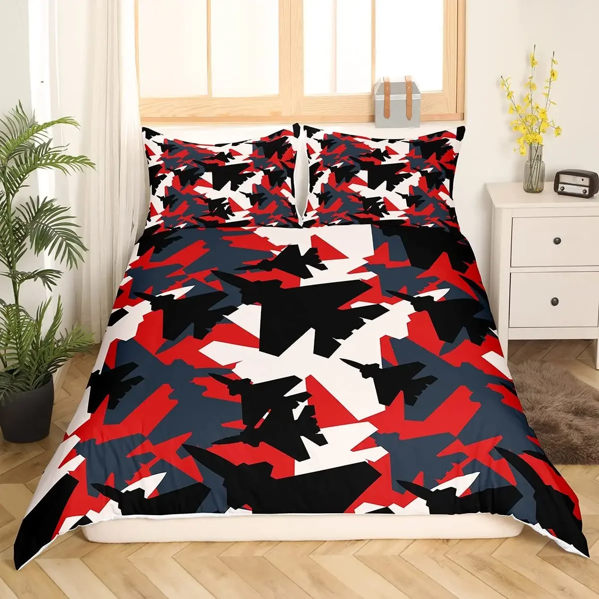 Cartoon Aircraft Duvet Cover Set Full Size Blue Green Airplane Bedding Set 3Pcs Army Camo Comforter Cover for Kids Boys Teen Men