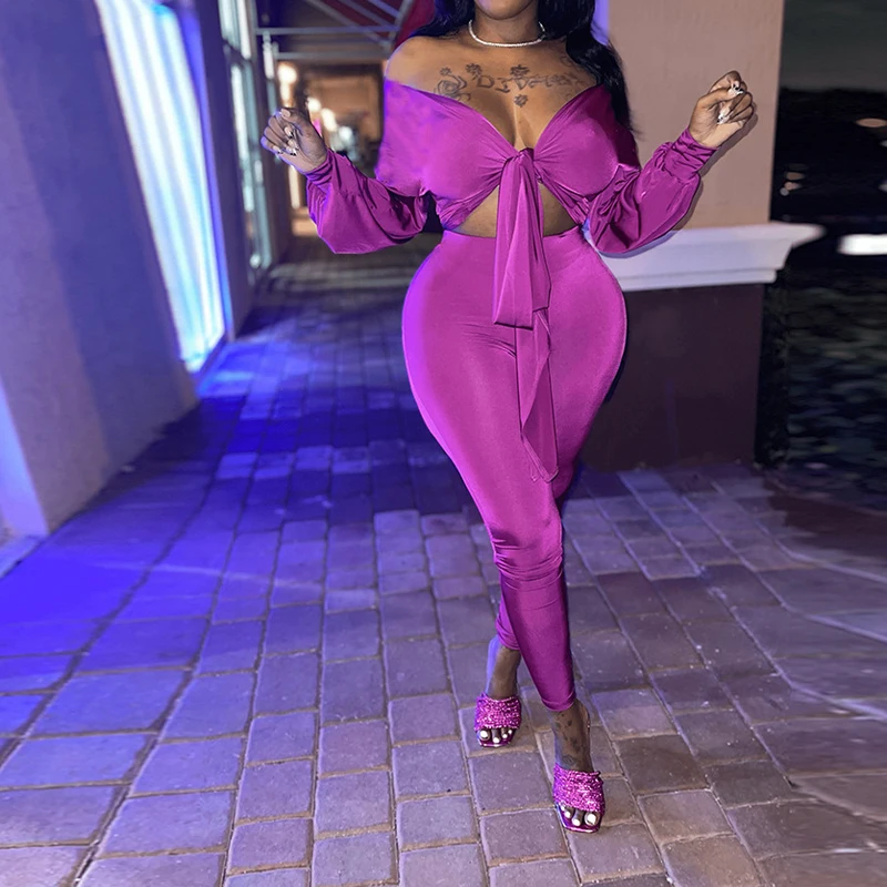

2022 Nightclub Bar Women Sexy Charming Two Pieces Set V Neck Lace-up Lantern Sleeve Crop Top+Elastic Waist Trousers Slim Outfits
