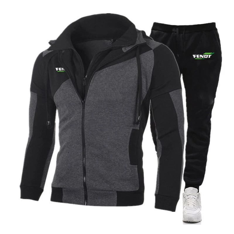 FENDT 2023 spring and autumn new men's diagonal zipper sportswear hooded sweatshirt+sweatpants suit