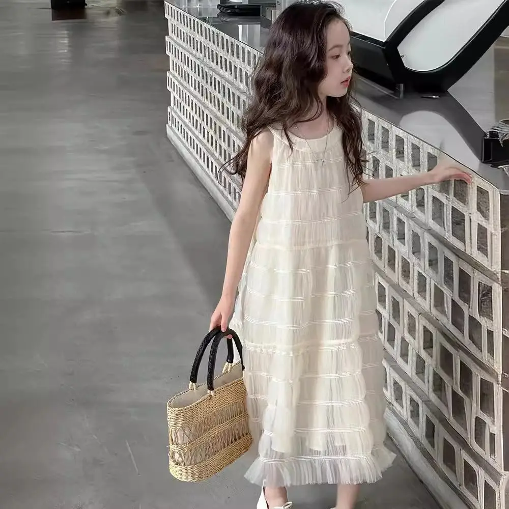 Elegant Loose Girls Princess Dress Children Beach Vacation Summer Mesh Dress Sweet Party Teens Long Dress Summer