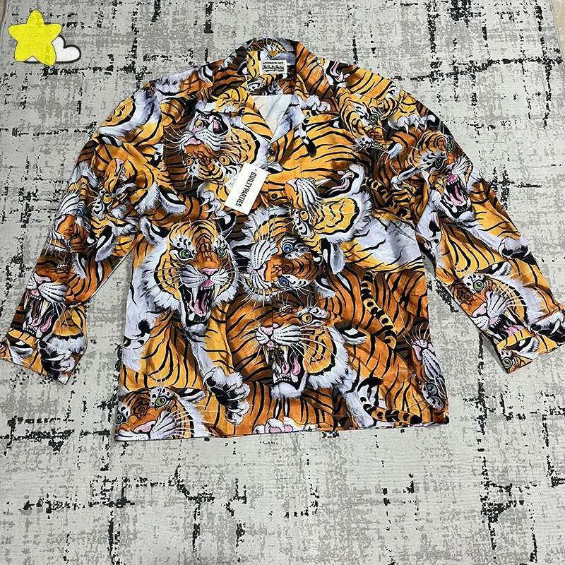 

Tiger Full Printing Wacko Maria Long Sleeve Shirts Men Women Hawaii Beach Style Casual Fashion Blue Yellow White Shirt Top