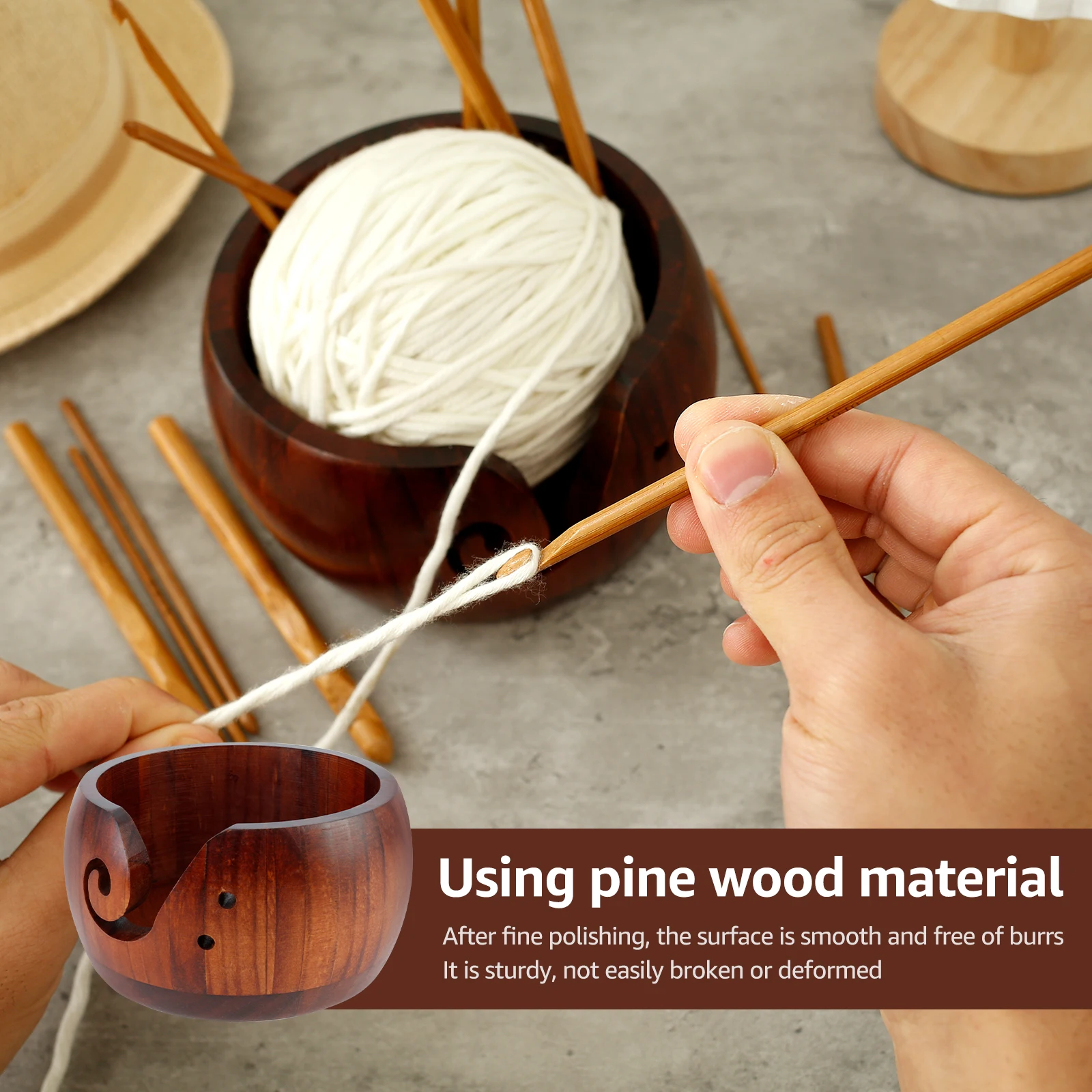 Yarn Bowl Holder with 12 Pcs Crochet Hooks Wood Yarn Bowl Curling Grooves Design Knitting Smooth Sewing organizer