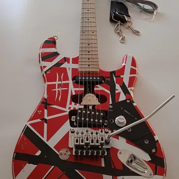 Electric Guitar Full Size Eddie Van Halen Heavy Relic Red Franken Black White Stripes Floyd Rose Tremolo Bridge Frankenstein