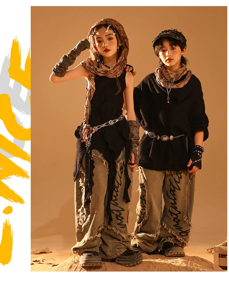 Girls Wasteland Street Dance Knitted Tank Top Jeans Boys Hip Hop Hoodies Clothes Sets Kids Jazz Costume Children Punk Streetwear S0fb2fd6c1cd3490498a14f16893c418eB